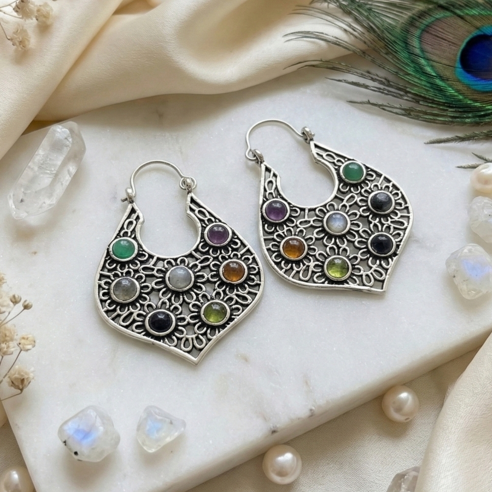 925 Sterling Silver Artisan Multi Gemstone Boho Chandelier Statement Earrings